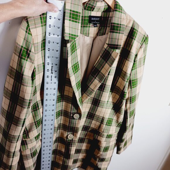 Bardot, Plaid Long Blazer Jacket Green & Soft Gold, Pink Highlight Medium Preppy - Picture 14 of 15
